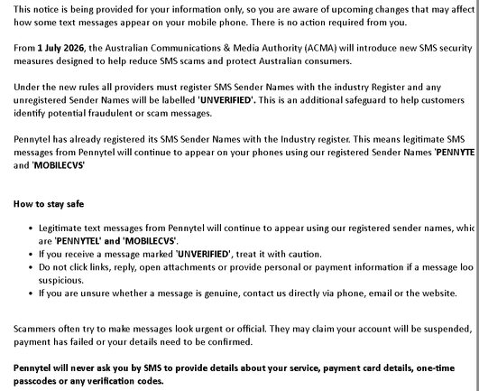 Message from Pennytel saying that ACMA requires their sender name to be registered, thus any SMS that arrives pretending to be Pennytel, but isn't from their registered sender name, will show up as "Unverified"