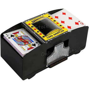 Picture of a card shuffling machine with a deck of cards loaded face up ready to go